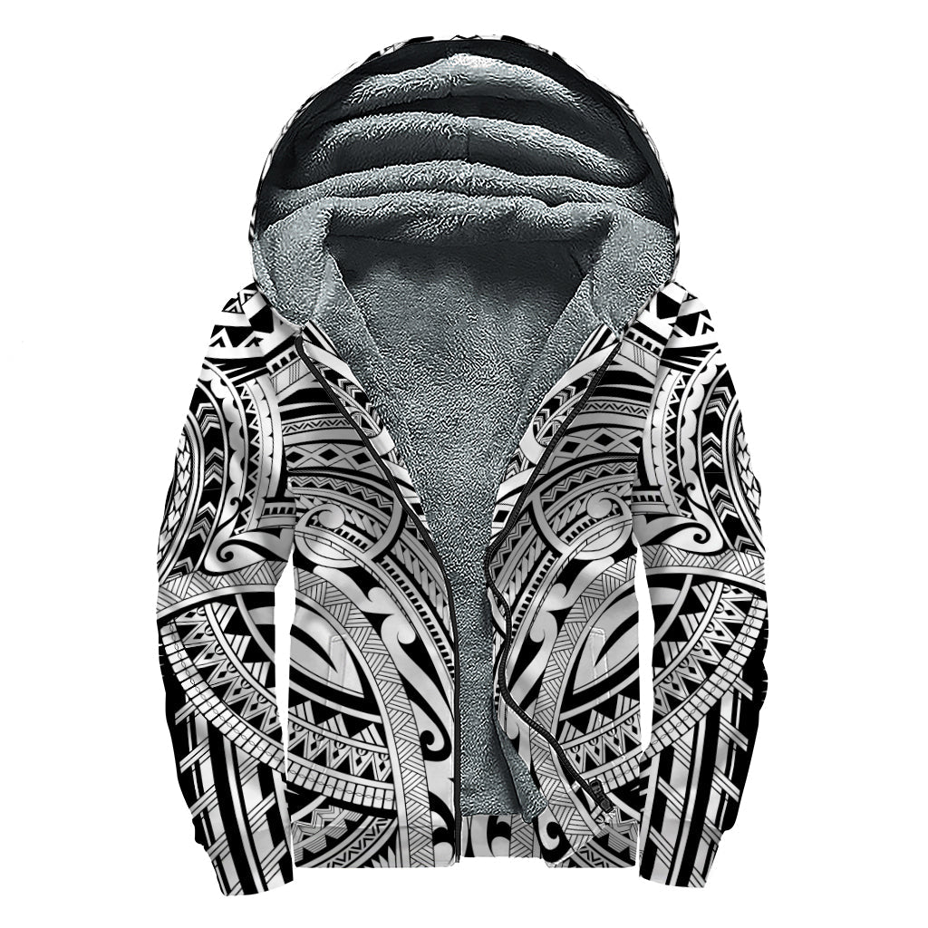 Groovy Tribal Maori Polynesian Tattoo Print Sherpa Lined Zip Up Hoodie - 1