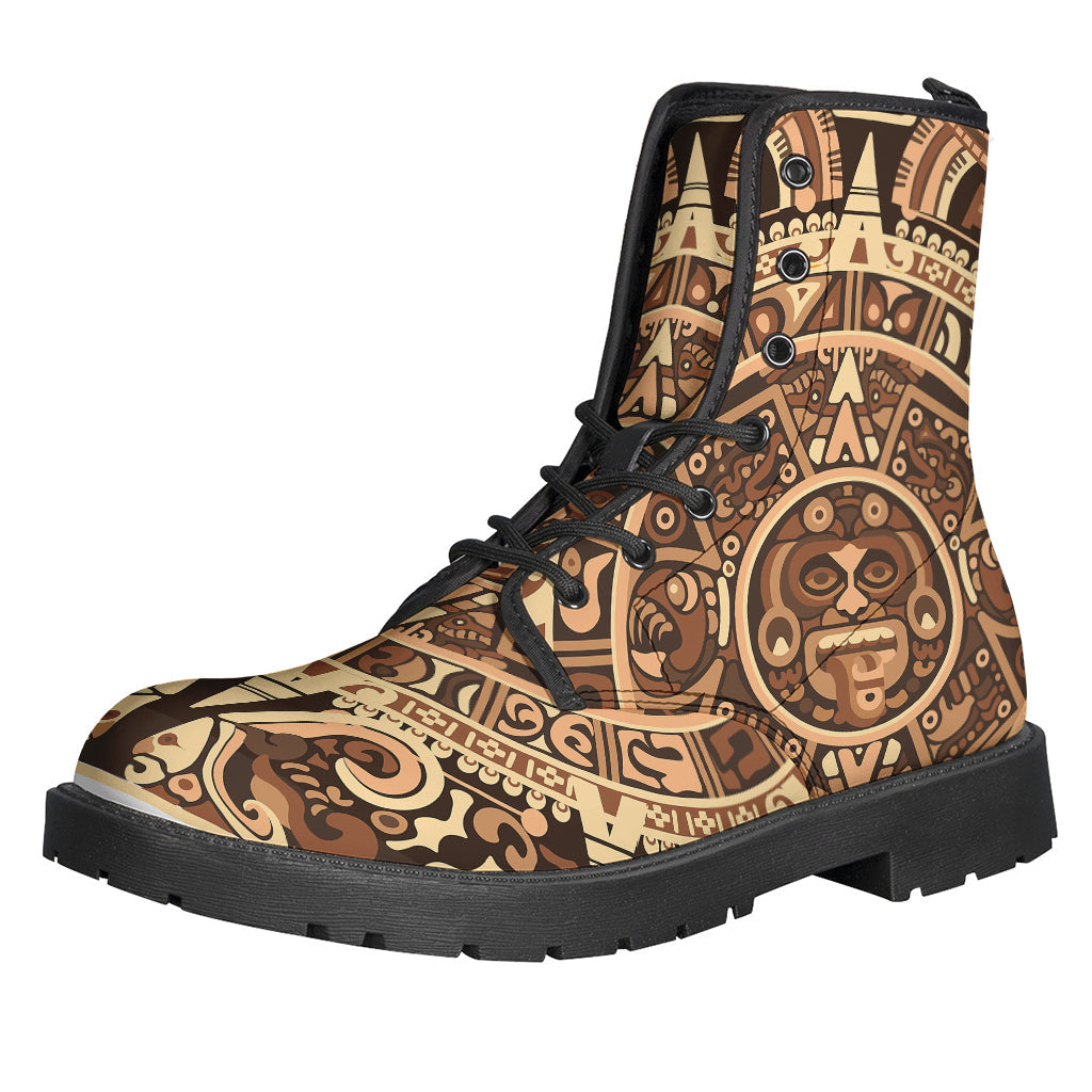 Boho Bliss: Tribal Maya Calendar Print Leather Boots for The Free Spirit - 1