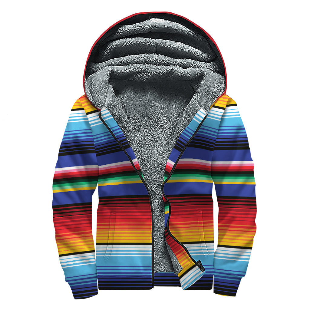 Groovy Tribal Mexican Serape Pattern Print Sherpa Lined Zip Up Hoodie for Trendy Hippies - 1