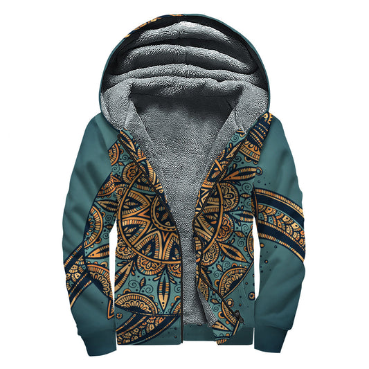 Groovy in the Tribal Sea Turtle Print Sherpa Lined Zip Up Hoodie - 1