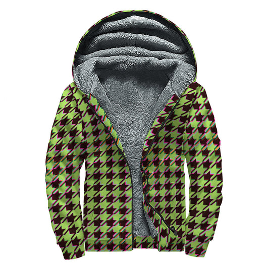 Groovy Green Houndstooth Sherpa-Lined Zip-Up Hoodie for Peaceful Hippies - 1