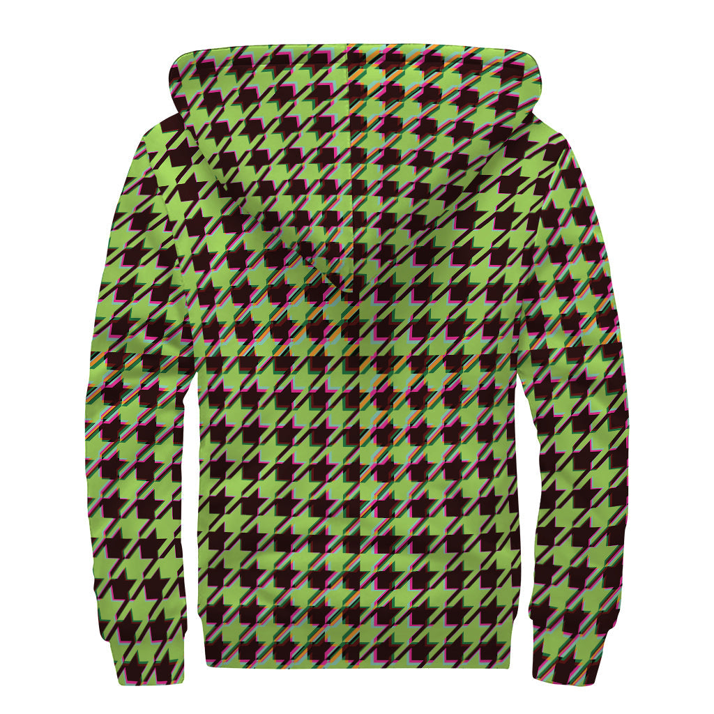 Groovy Green Houndstooth Sherpa-Lined Zip-Up Hoodie for Peaceful Hippies - 2