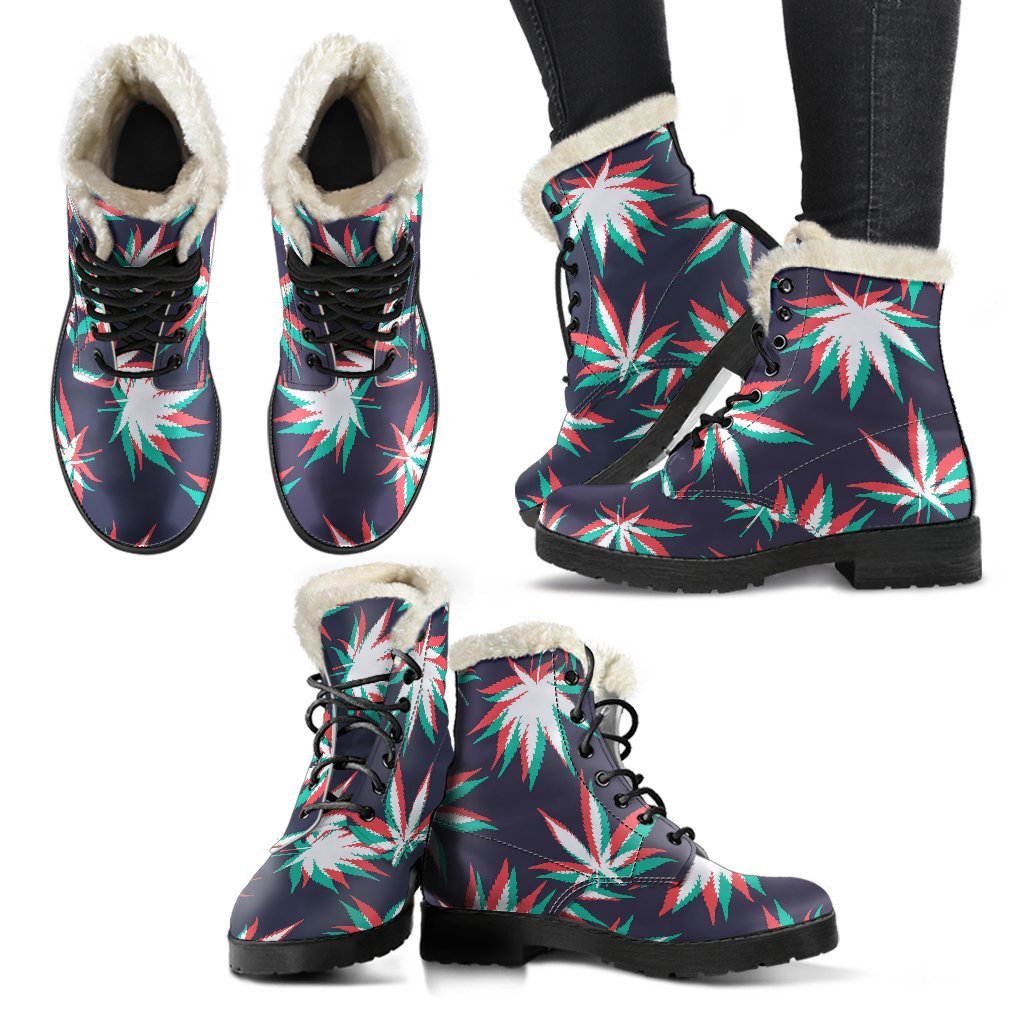 Trippy Hemp Leaves Reggae Pattern Faux Fur Leather Boots for Fashionable Hippies - 2