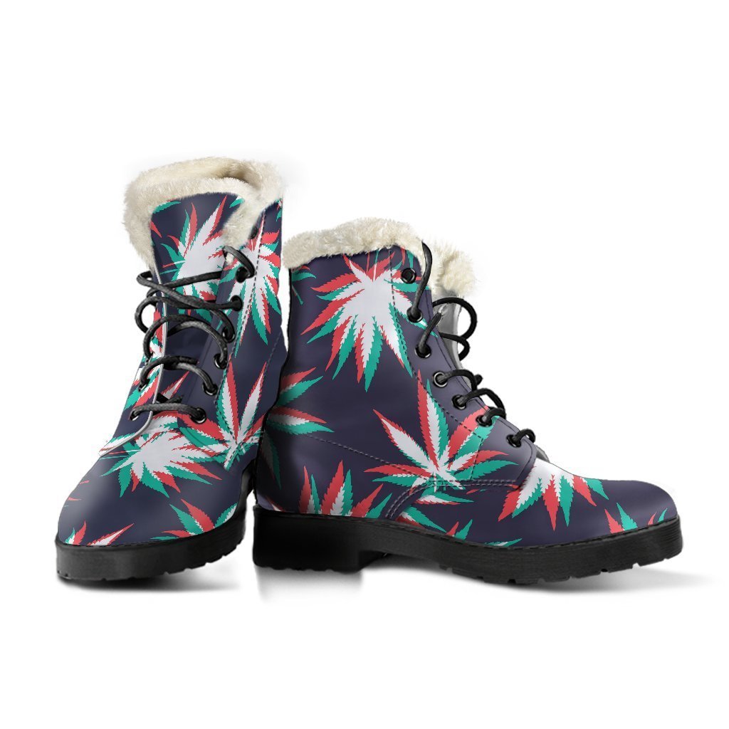 Trippy Hemp Leaves Reggae Pattern Faux Fur Leather Boots for Fashionable Hippies - 3