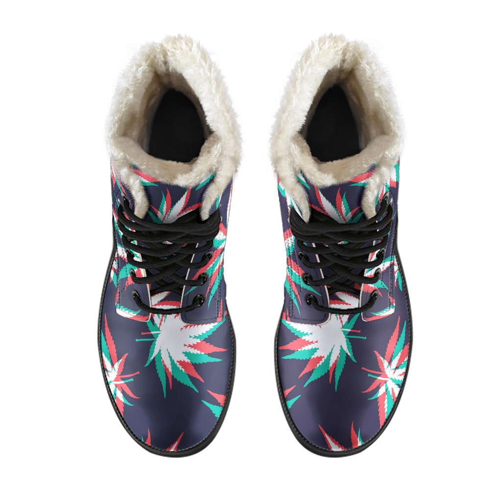 Trippy Hemp Leaves Reggae Pattern Faux Fur Leather Boots for Fashionable Hippies - 4