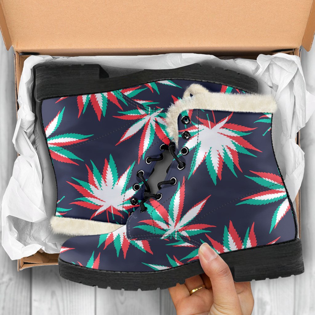 Trippy Hemp Leaves Reggae Pattern Faux Fur Leather Boots for Fashionable Hippies - 5