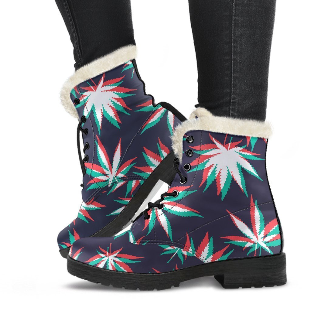 Trippy Hemp Leaves Reggae Pattern Faux Fur Leather Boots for Fashionable Hippies - 1