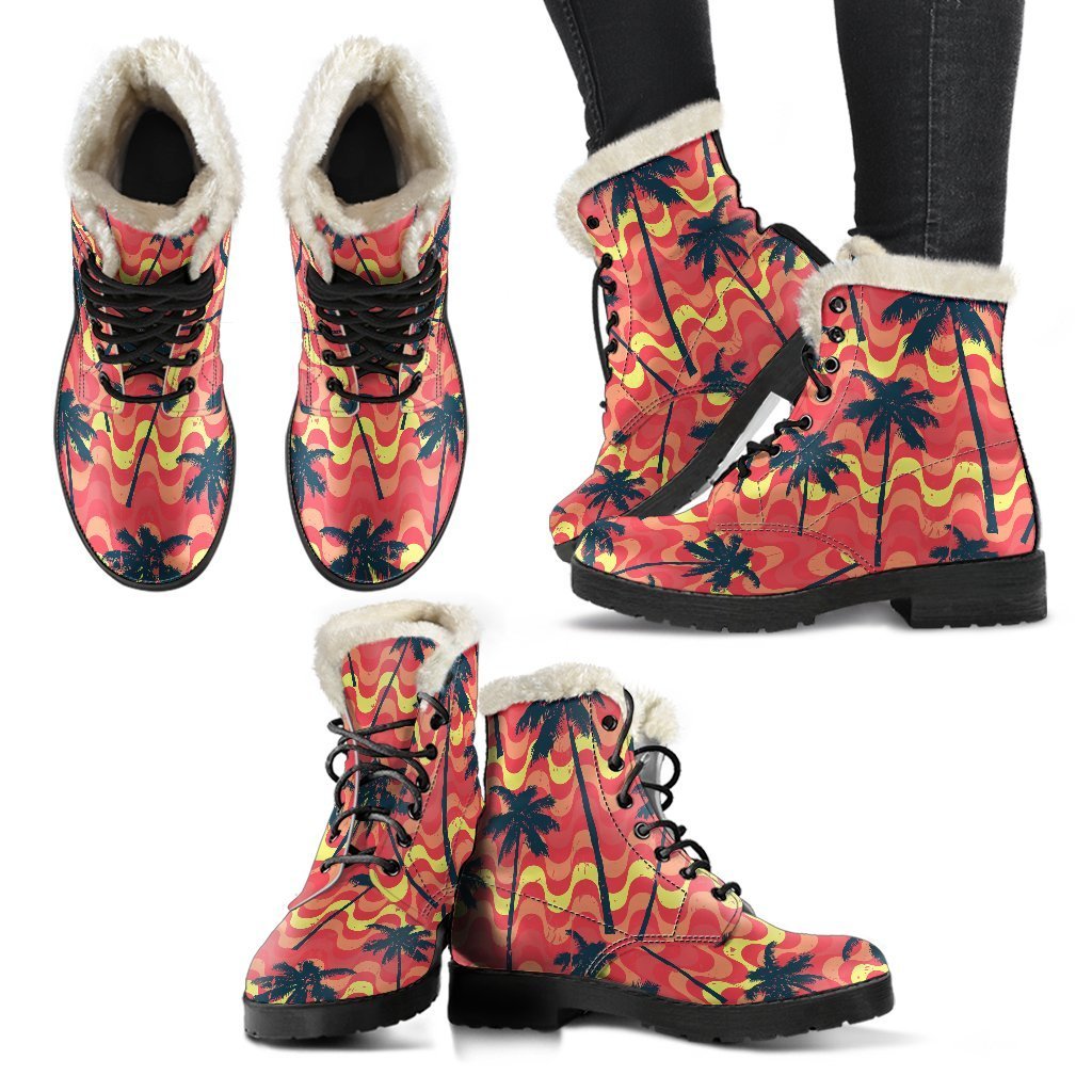 Trippy Palm Tree Pattern Faux Fur Leather Boots: The Ultimate Hippie Footwear - 2