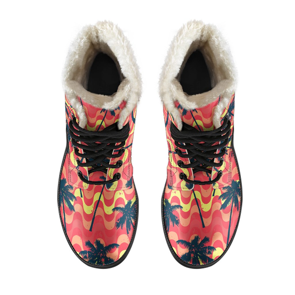 Trippy Palm Tree Pattern Faux Fur Leather Boots: The Ultimate Hippie Footwear - 4