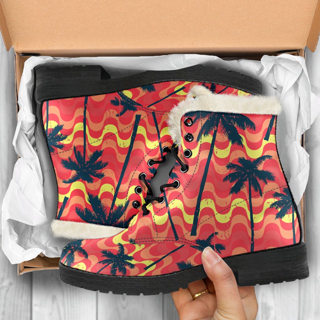 Trippy Palm Tree Pattern Faux Fur Leather Boots: The Ultimate Hippie Footwear - 5