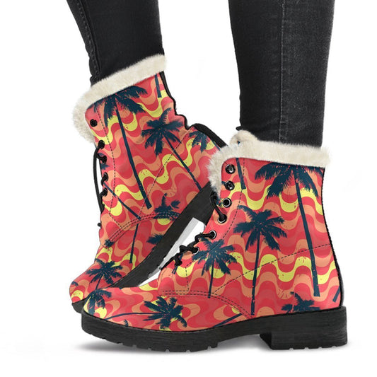 Trippy Palm Tree Pattern Faux Fur Leather Boots: The Ultimate Hippie Footwear - 1