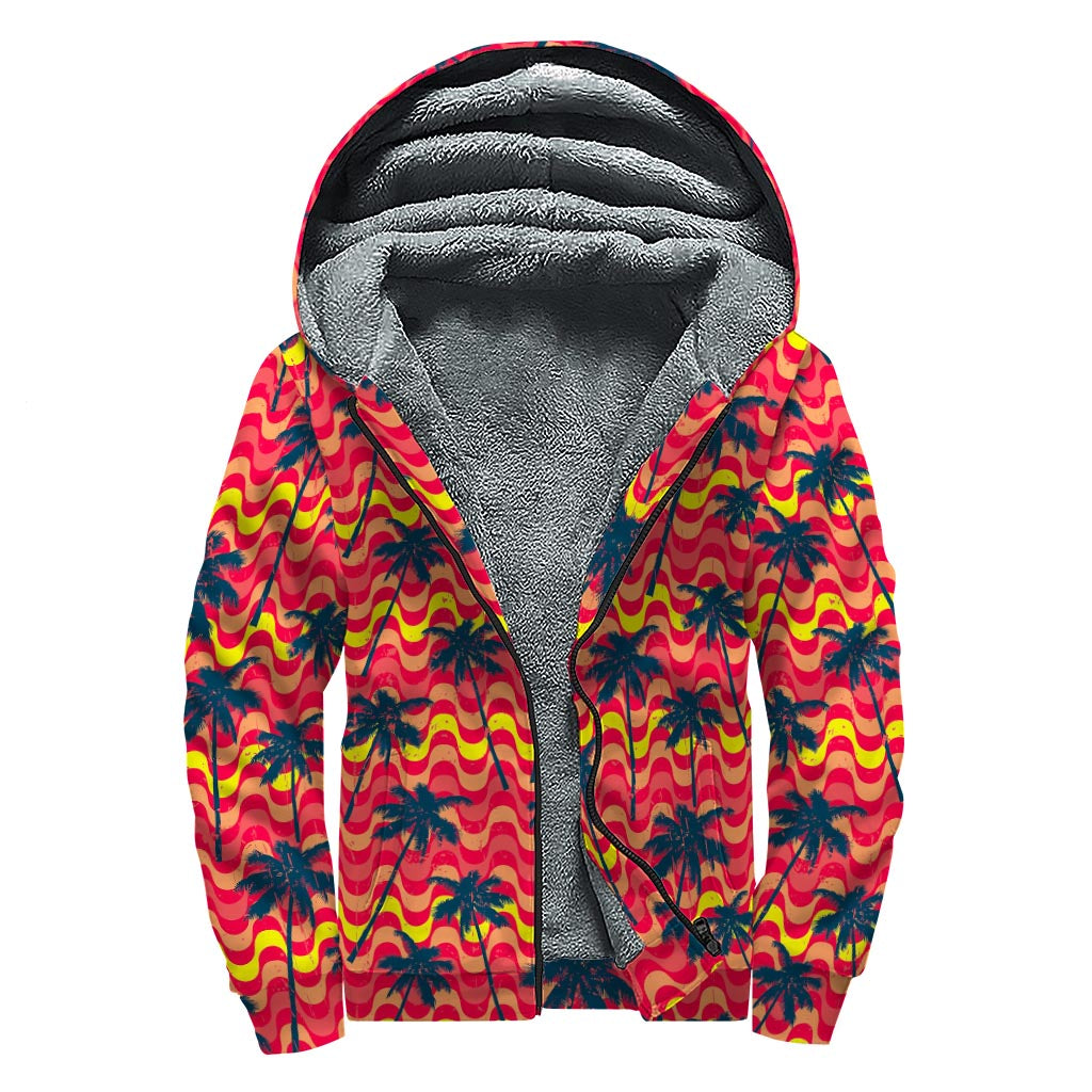 Trippy Palm Tree Pattern Sherpa Lined Zip Up Hoodie for Groovy Hippies - 1