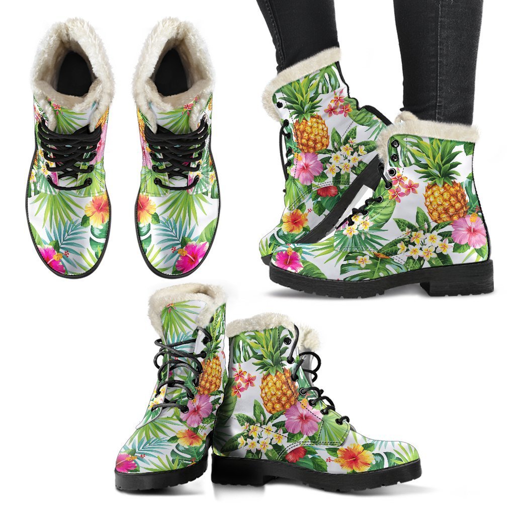 Tropical Aloha Pineapple Print Faux Fur Leather Boots - 2