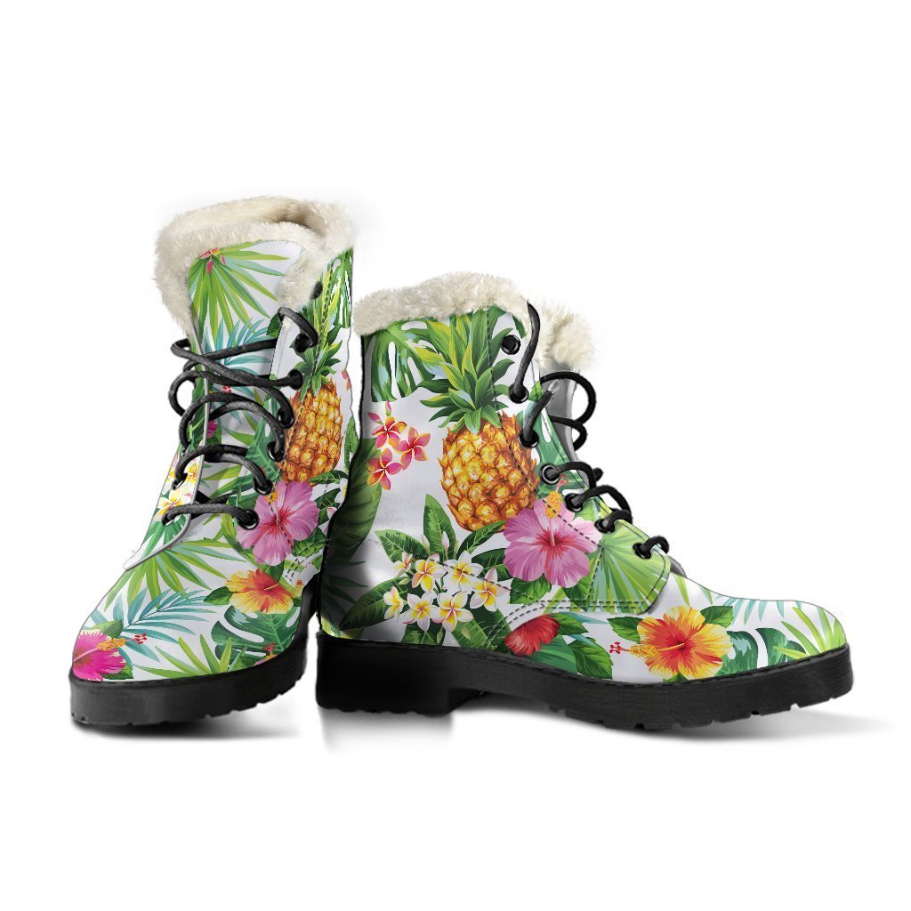 Tropical Aloha Pineapple Print Faux Fur Leather Boots - 3