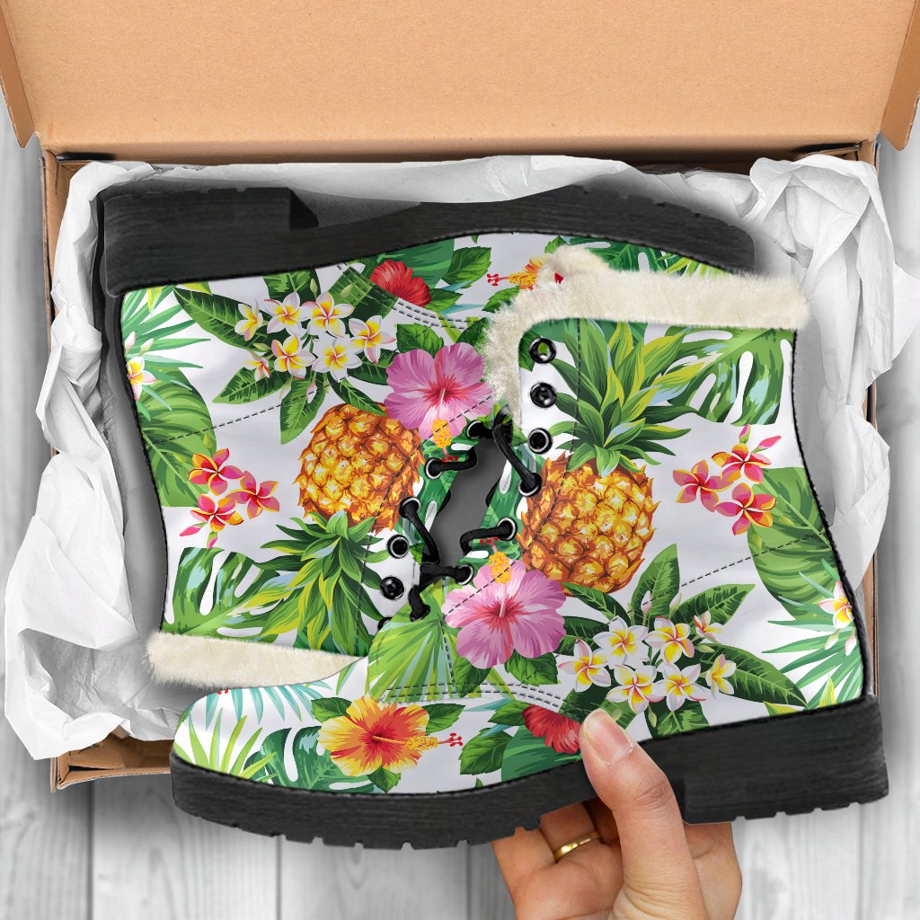 Tropical Aloha Pineapple Print Faux Fur Leather Boots - 5