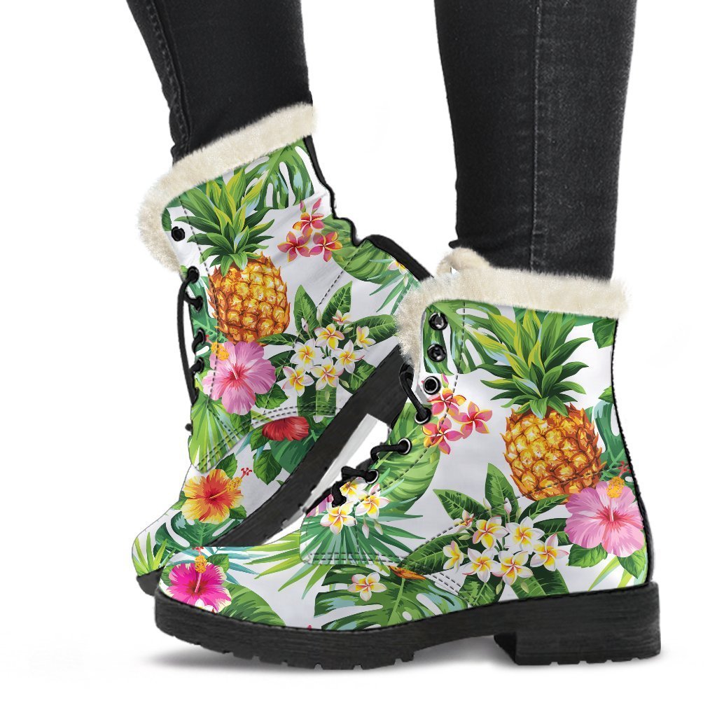 Tropical Aloha Pineapple Print Faux Fur Leather Boots - 1