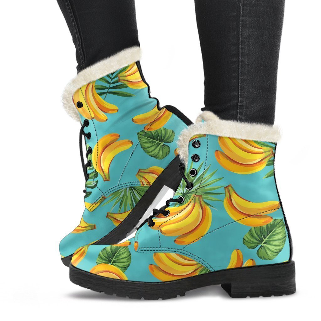 Get Groovy with Tropical Banana Leaf Faux Fur Leather Boots for Stylish Hippies - 1