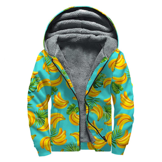 Tropical Banana Leaf Print Sherpa Lined Zip Up Hoodie for the Free-spirited Hippie - 1