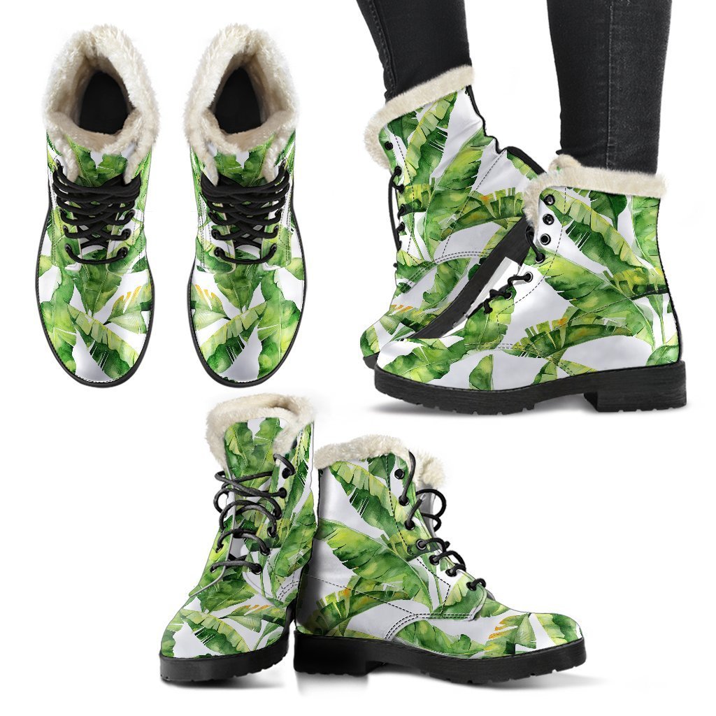 Tropical Banana Leaves Faux Fur Leather Boots for Groovy Hippies - 2