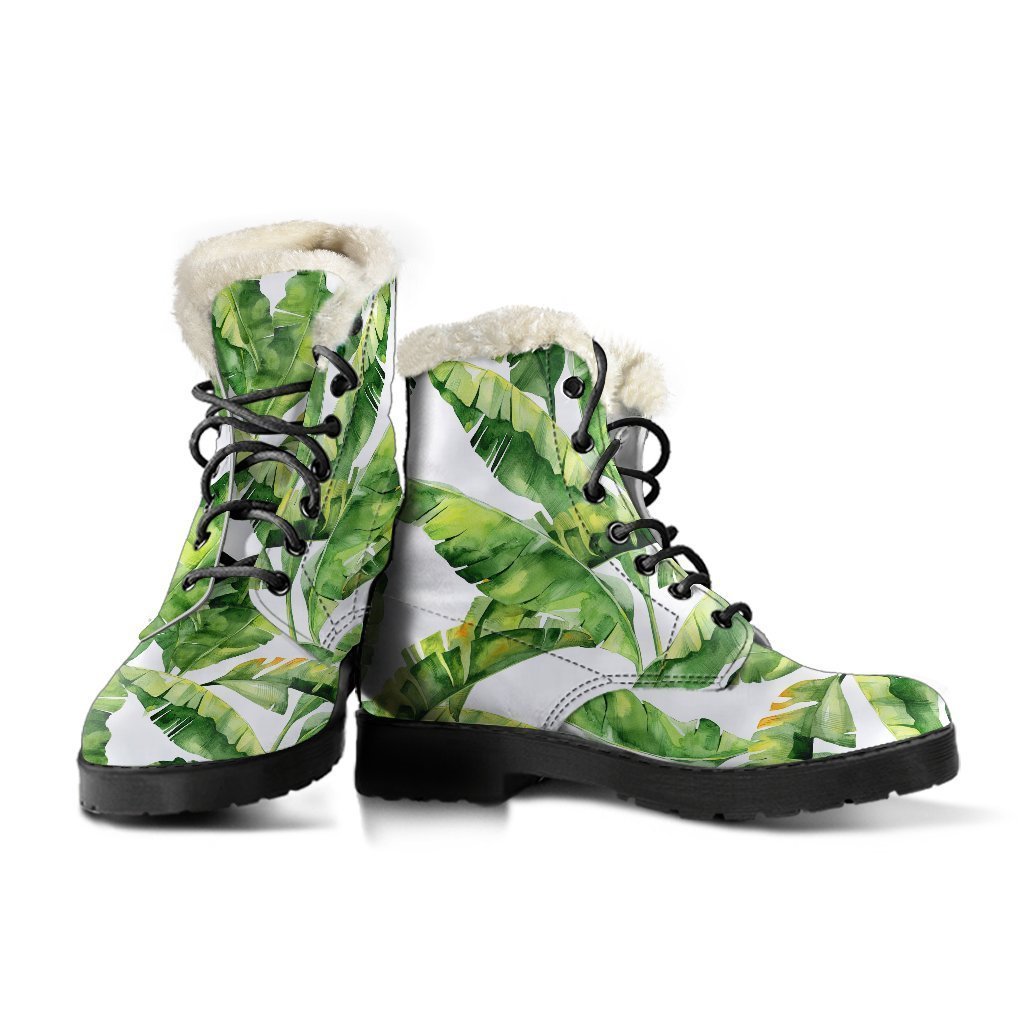 Tropical Banana Leaves Faux Fur Leather Boots for Groovy Hippies - 3