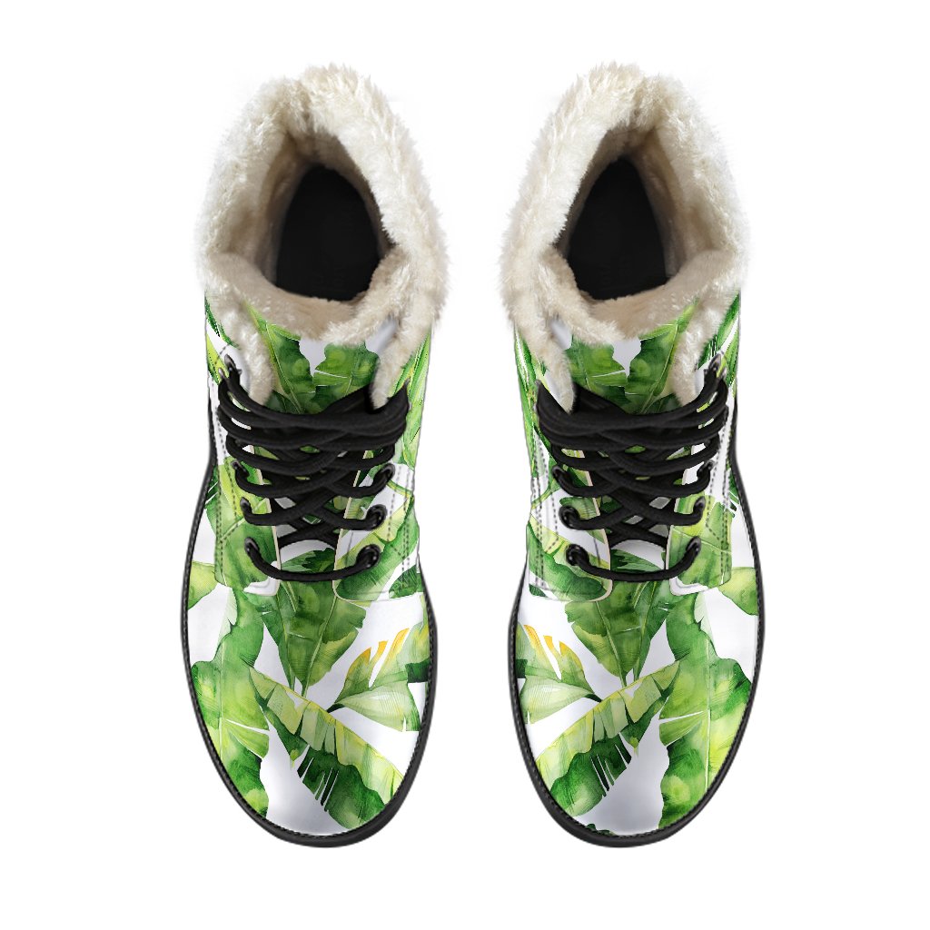 Tropical Banana Leaves Faux Fur Leather Boots for Groovy Hippies - 4