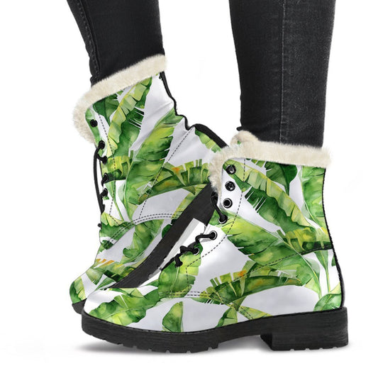 Tropical Banana Leaves Faux Fur Leather Boots for Groovy Hippies - 1