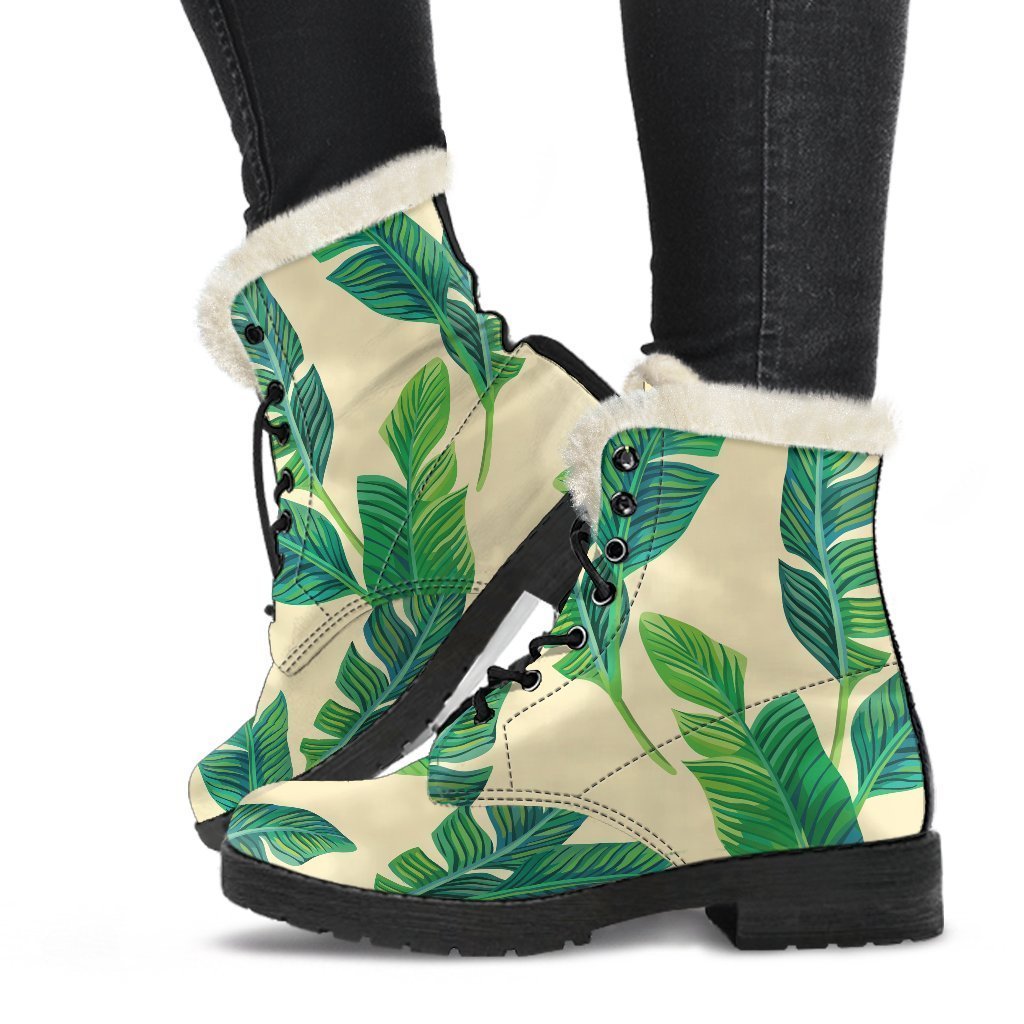 Tropical Banana Palm Leaf Faux Fur Leather Boots for Groovy Hippies - 1