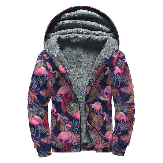 Tropical Flamingo Aloha Sherpa Lined Zip Up Hoodie for Hippie Paradise - 1