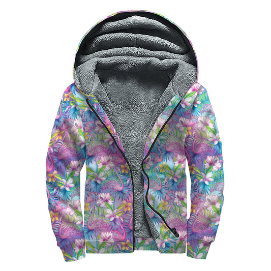 Tropical Flamingo and Hibiscus Print Sherpa Lined Zip Up Hoodie for Groovy Hippies - 1