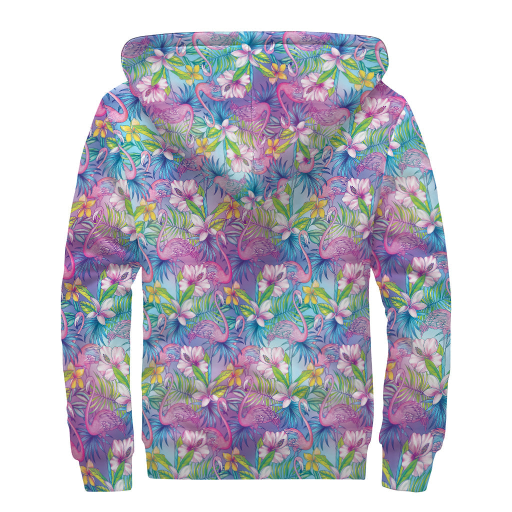 Tropical Flamingo and Hibiscus Print Sherpa Lined Zip Up Hoodie for Groovy Hippies - 2