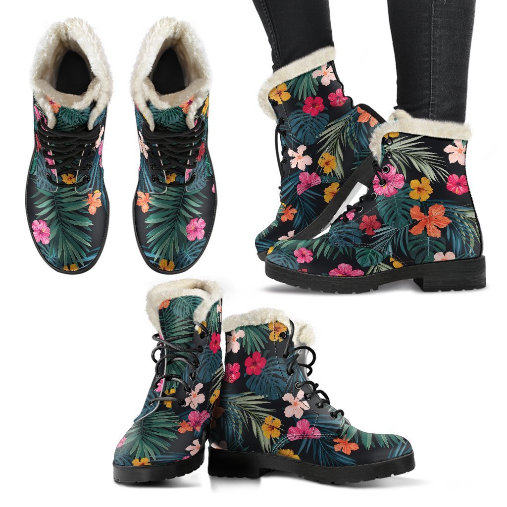 Tropical Flowers Hawaii Pattern Print Faux Fur Leather Boots for the Groovy Hippie Style - 2