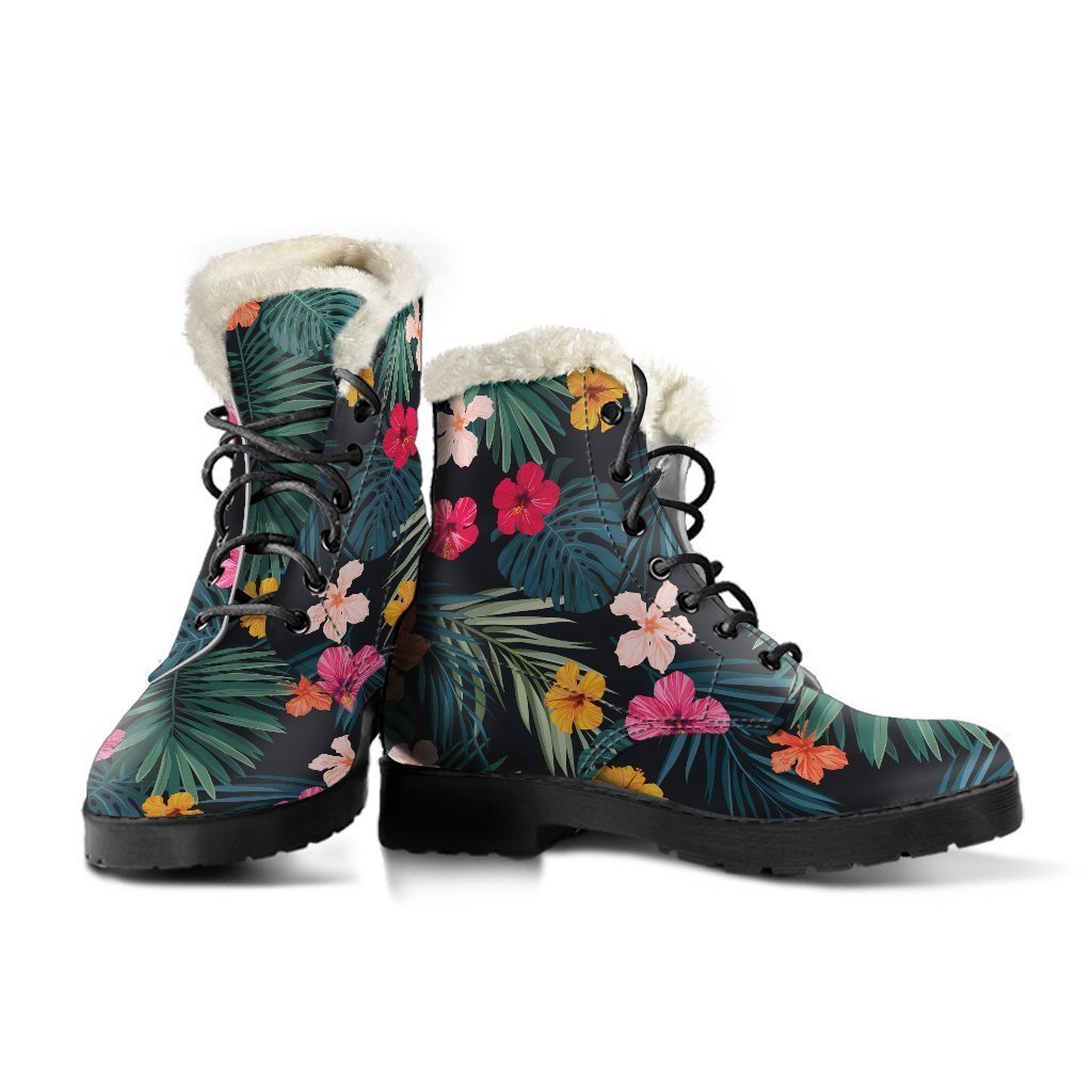 Tropical Flowers Hawaii Pattern Print Faux Fur Leather Boots for the Groovy Hippie Style - 3