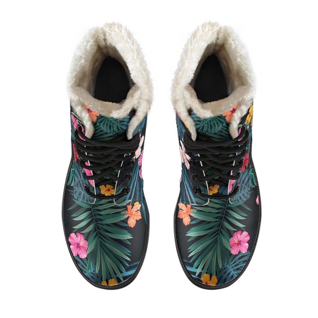 Tropical Flowers Hawaii Pattern Print Faux Fur Leather Boots for the Groovy Hippie Style - 4