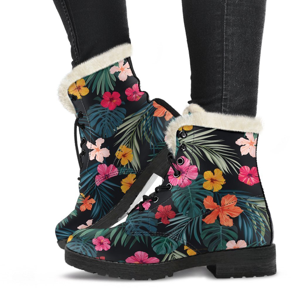 Tropical Flowers Hawaii Pattern Print Faux Fur Leather Boots for the Groovy Hippie Style - 1