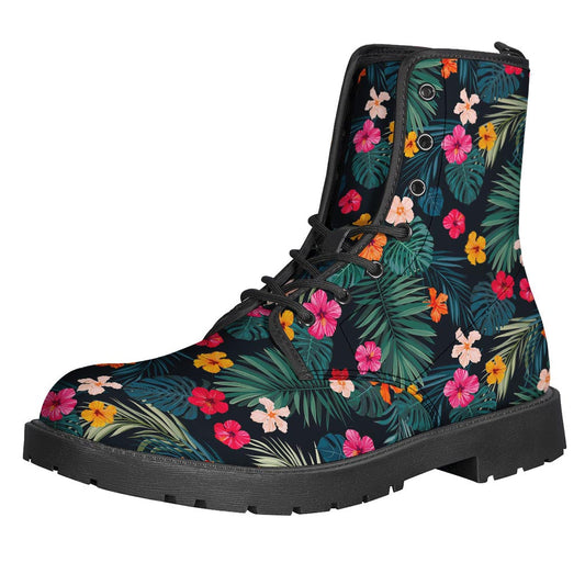 Tropical Flowers Hawaii Pattern Print Leather Boots for Free Spirited Hippies - 1