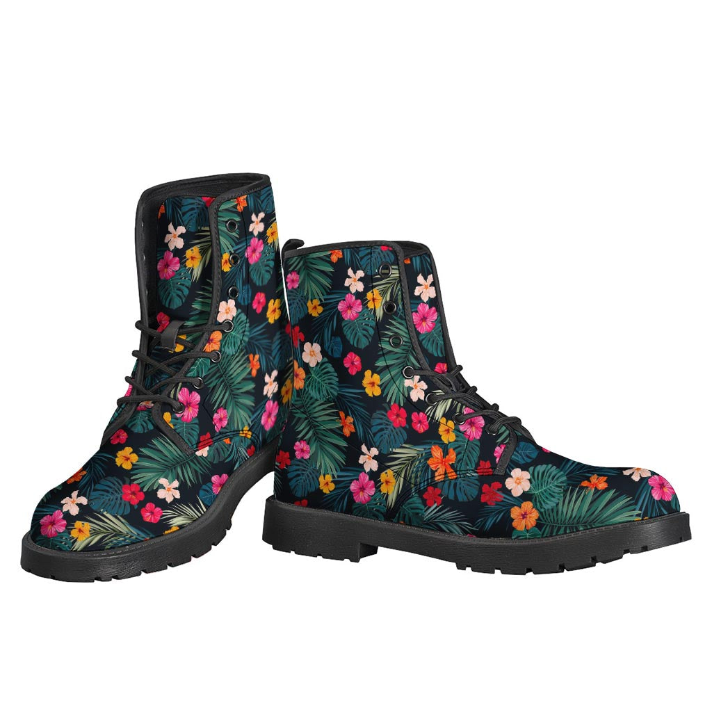 Tropical Flowers Hawaii Pattern Print Leather Boots for Free Spirited Hippies - 3