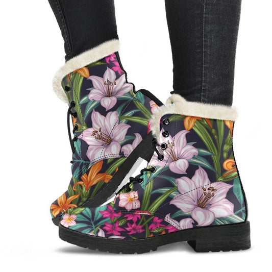 Tropical Flowers Faux Fur Leather Boots for the Free-Spirited Hippie - 1