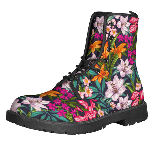 Groovy Vibes Leather Lightweight Boots with Tropical Flower Pattern - 1