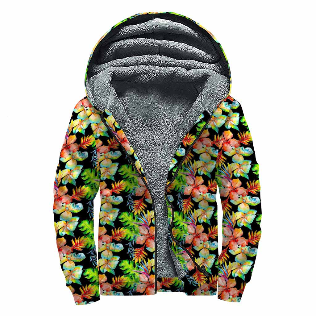 Tropical Hawaii Flowers Pattern Print Sherpa Lined Zip Up Hoodie for Groovy Hippies - 1