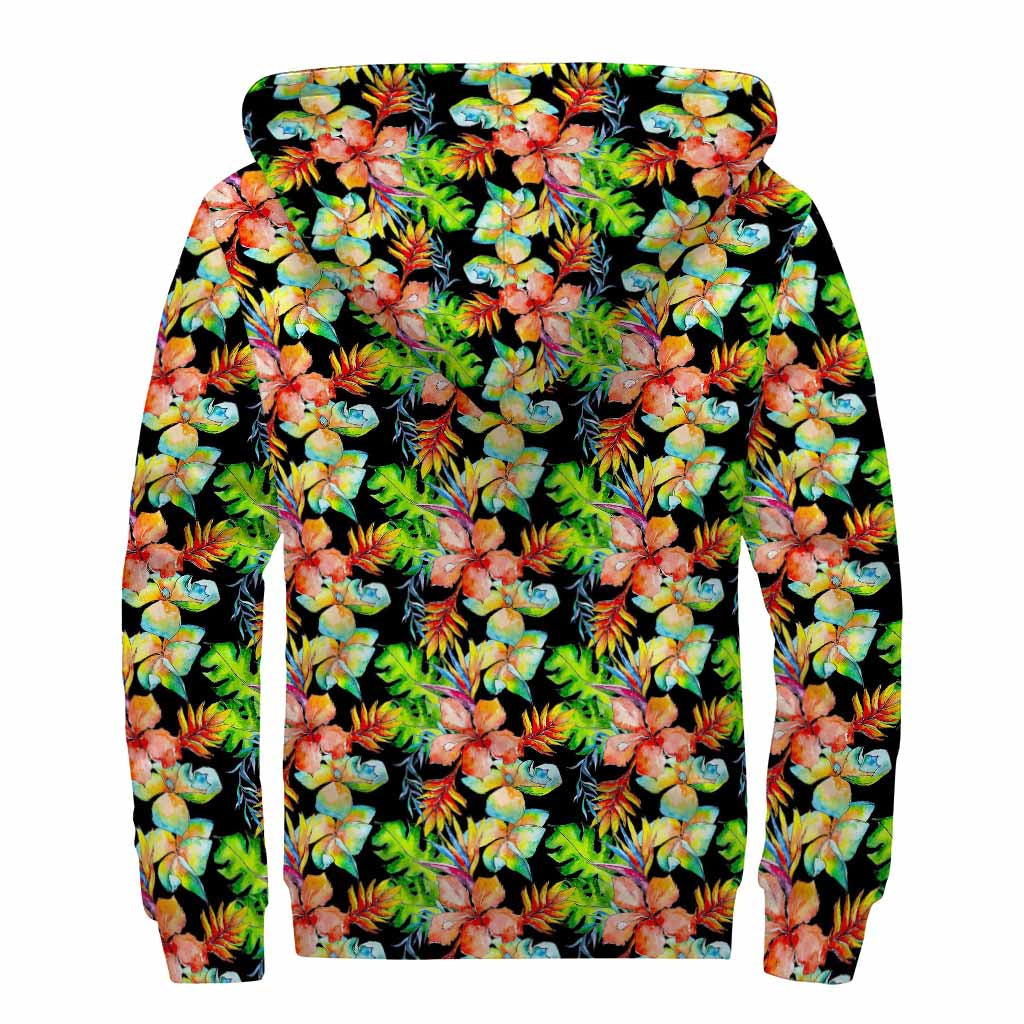 Tropical Hawaii Flowers Pattern Print Sherpa Lined Zip Up Hoodie for Groovy Hippies - 2