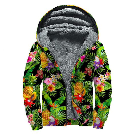 Tropical Fruits Paradise Sherpa Lined Zip Up Hoodie for Groovy Hippies - 1