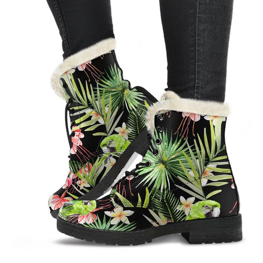 Tropical Hawaiian Parrot Faux Fur Leather Boots for Groovy Hippies - 1