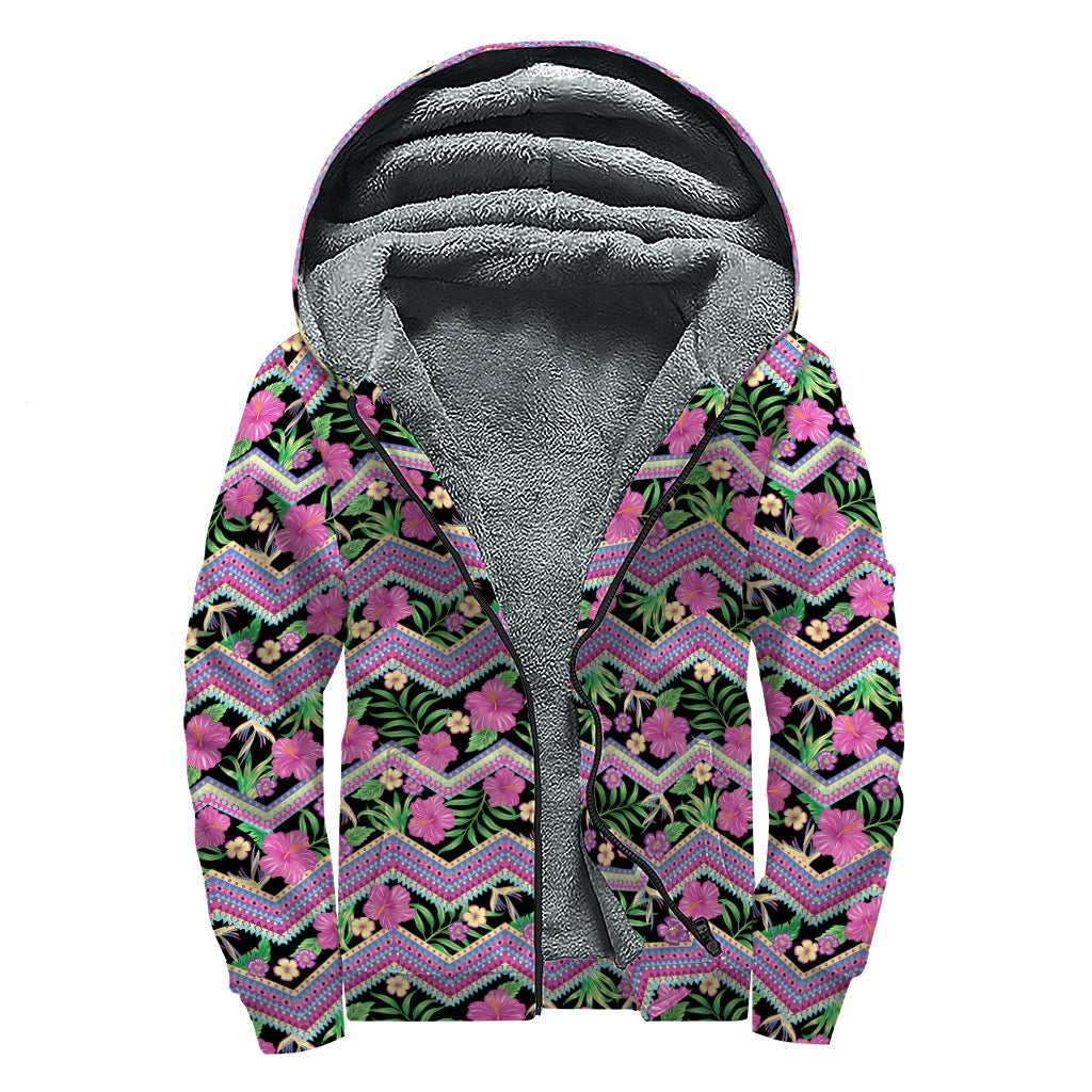 Groovy Hibiscus and Aztec Print Sherpa Lined Hoodie for Free-Spirited Hippies - 1