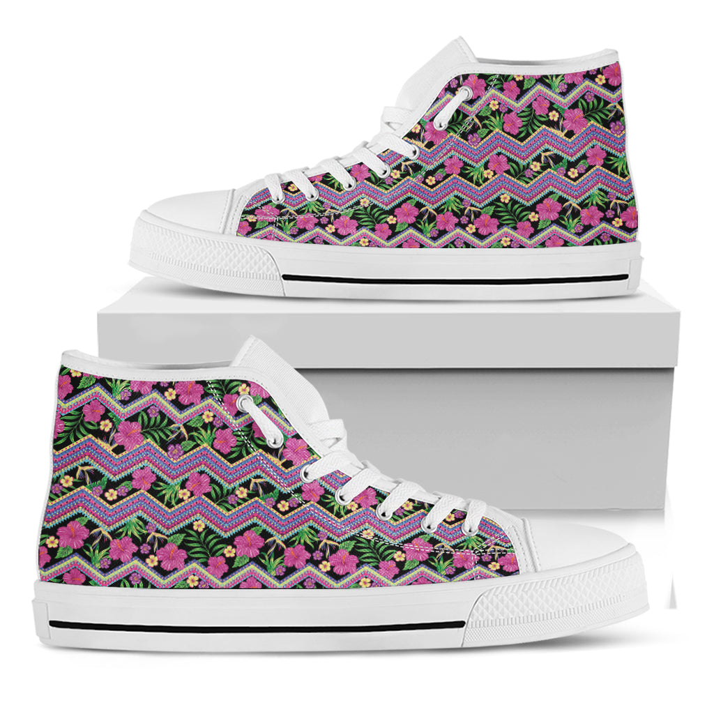 Tropical Hibiscus Flowers Aztec Print White High Top Sneakers for Hippie Style Lovers - 1