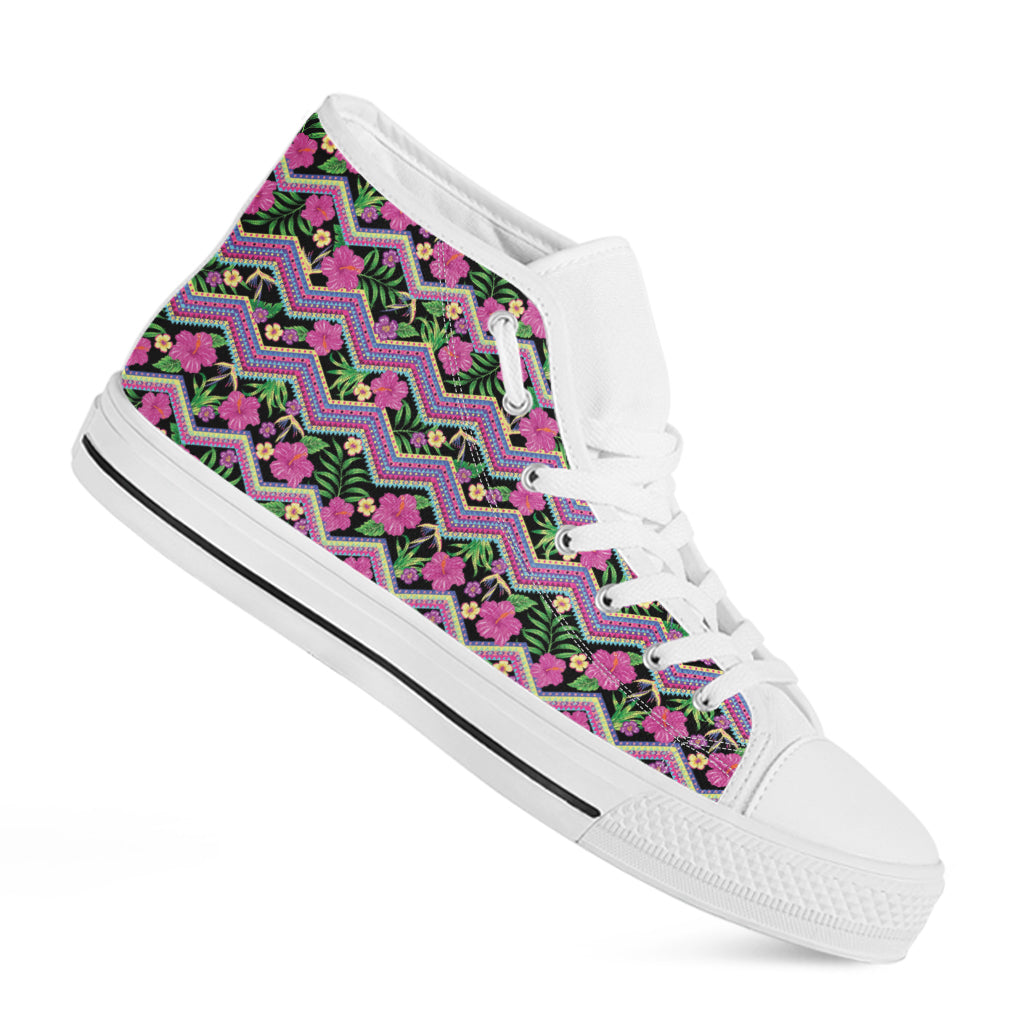 Tropical Hibiscus Flowers Aztec Print White High Top Sneakers for Hippie Style Lovers - 2