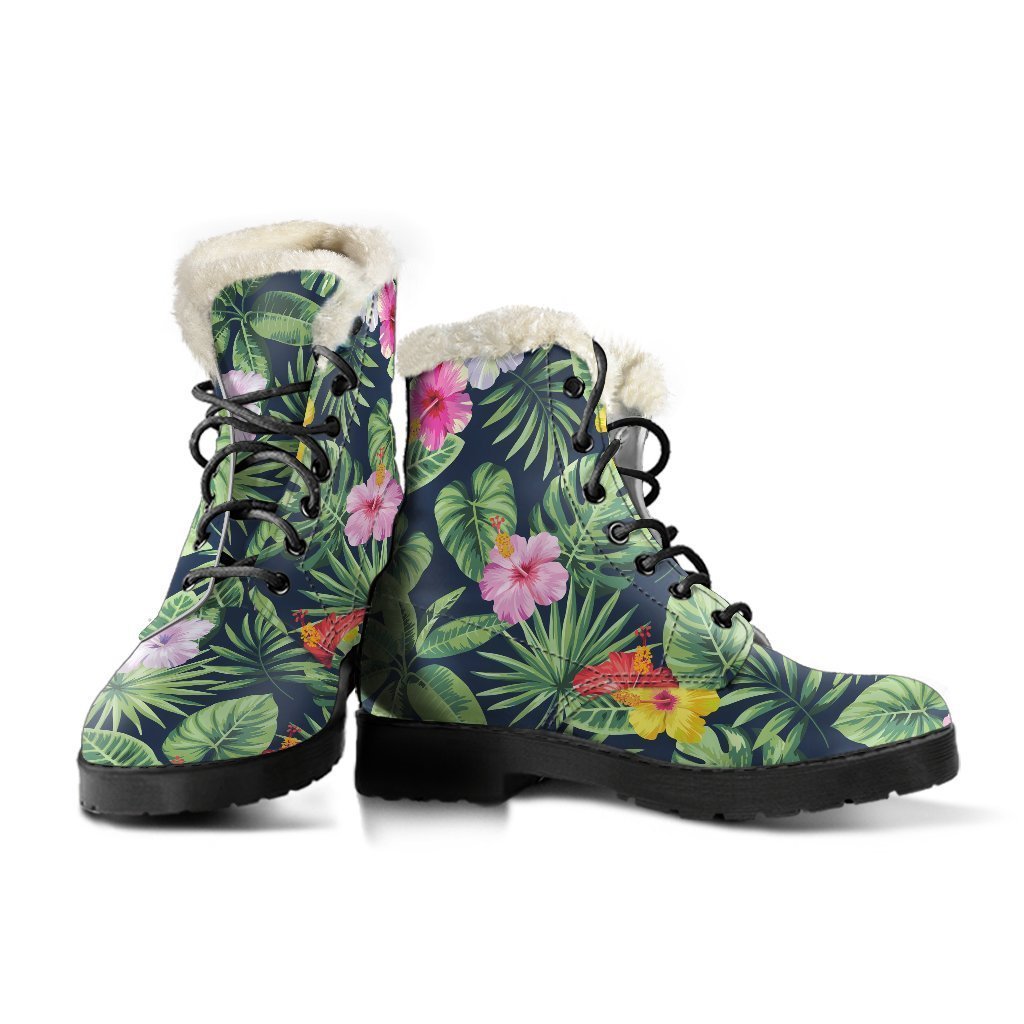 Tropical Hibiscus Dreaming Faux Fur Leather Boots for Groovy Hippies - 3