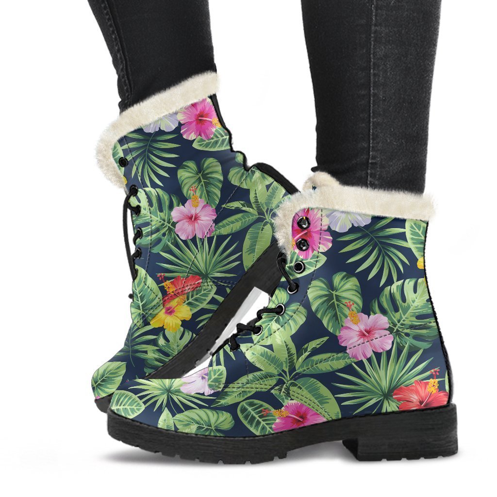 Tropical Hibiscus Dreaming Faux Fur Leather Boots for Groovy Hippies - 1