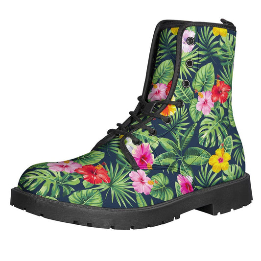 Tropical Hibiscus Flowers Pattern Print Leather Boots: The Ultimate Hippie Style - 1