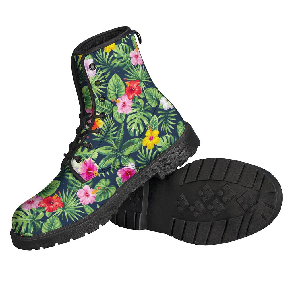 Tropical Hibiscus Flowers Pattern Print Leather Boots: The Ultimate Hippie Style - 2