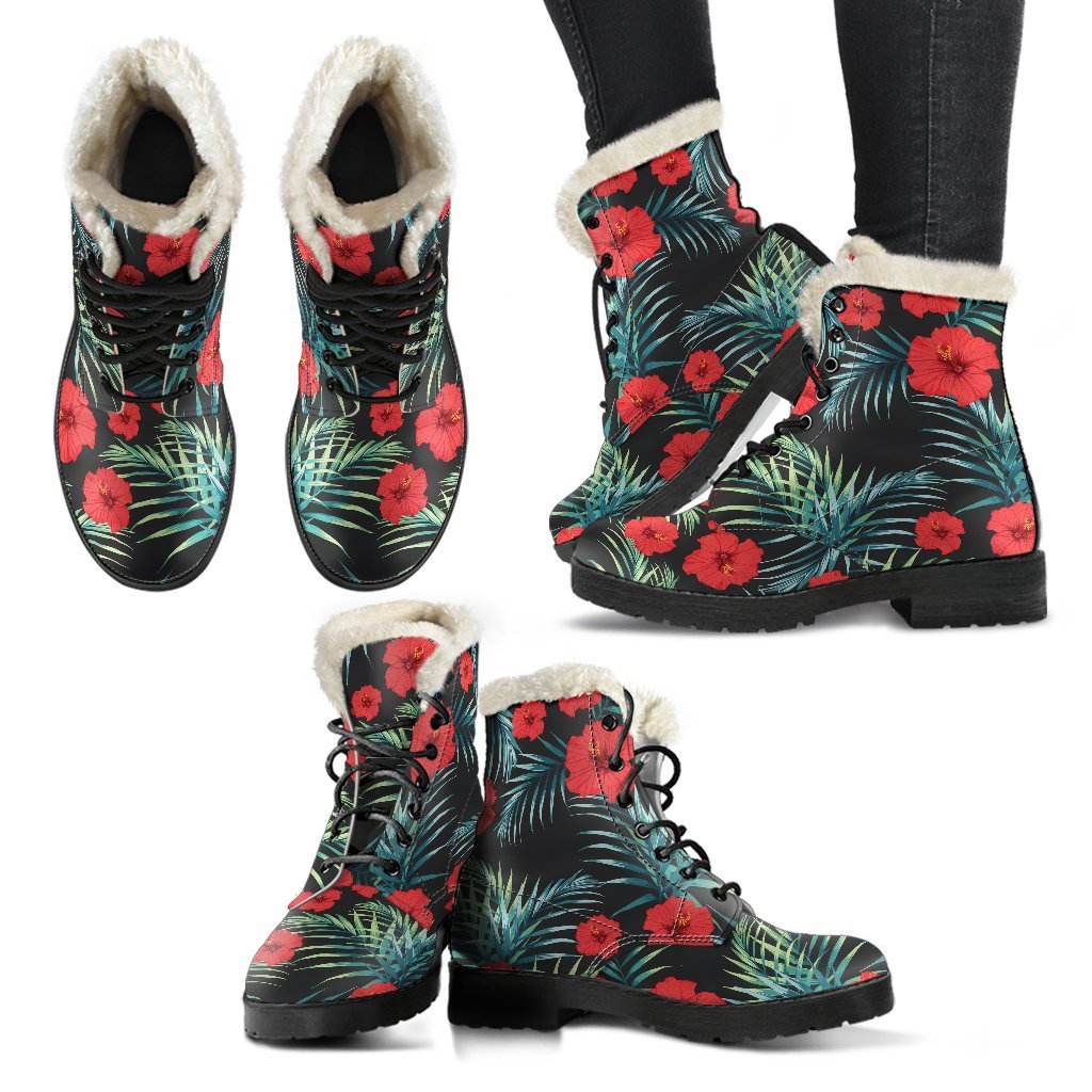 Tropical Hibiscus Faux Fur Leather Boots: Walk in Groovy Style! - 2